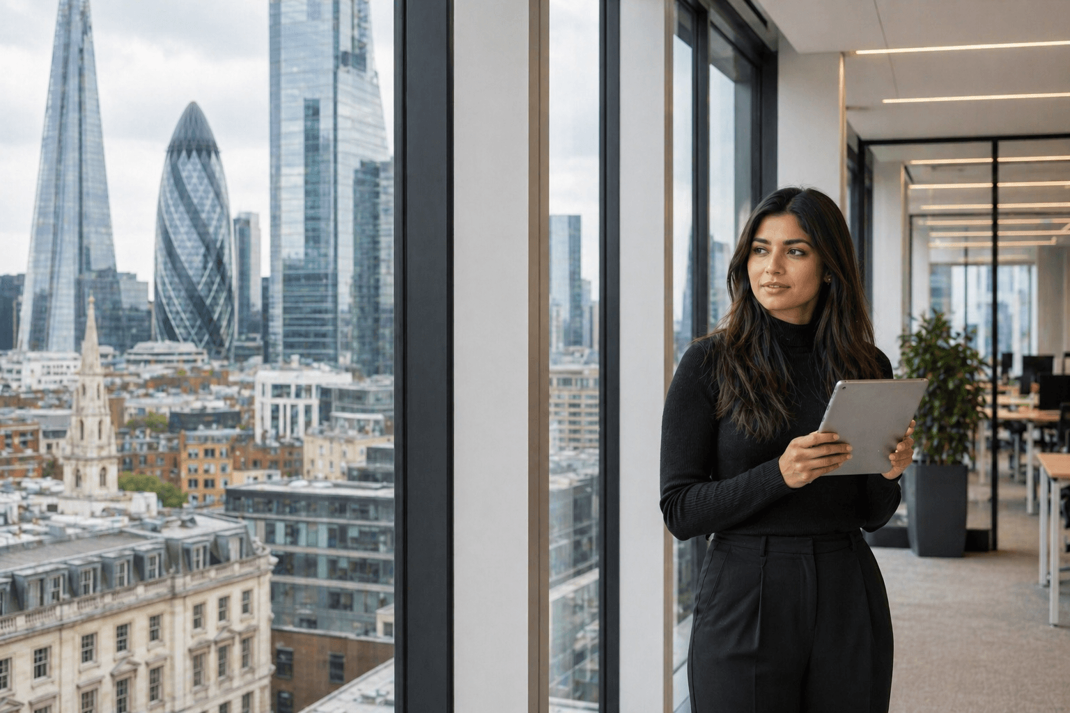 Solicitor at the London office of Abrahams Solicitors with the City of London skyline in the background