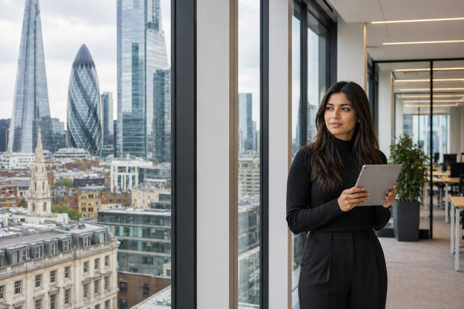 Solicitor at the London office of Abrahams Solicitors with the City of London skyline in the background